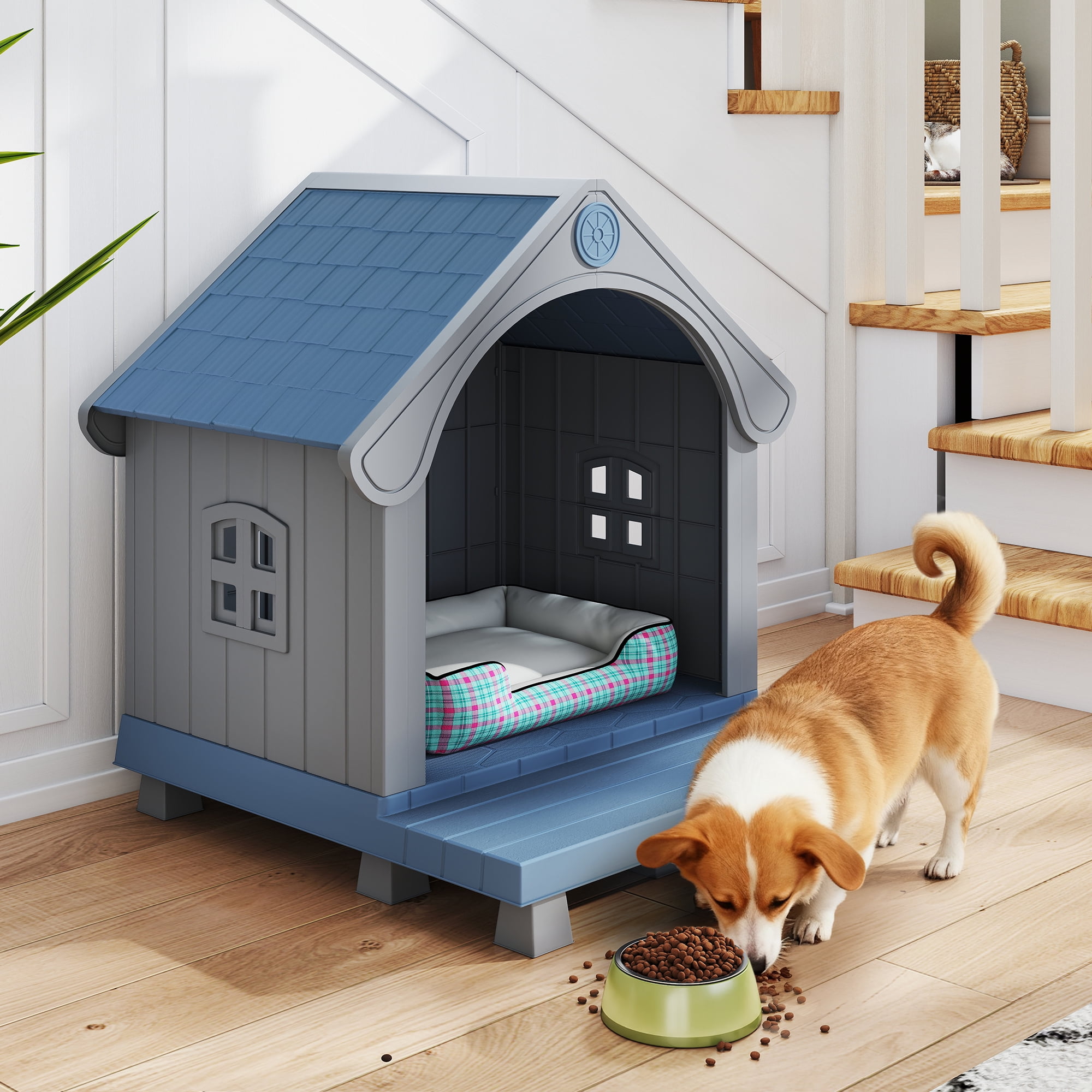 COZIWOW Large Weatherproof Elevated Plastic Dog House Pet Kennel Indoor Outdoor Cat House with Open Front