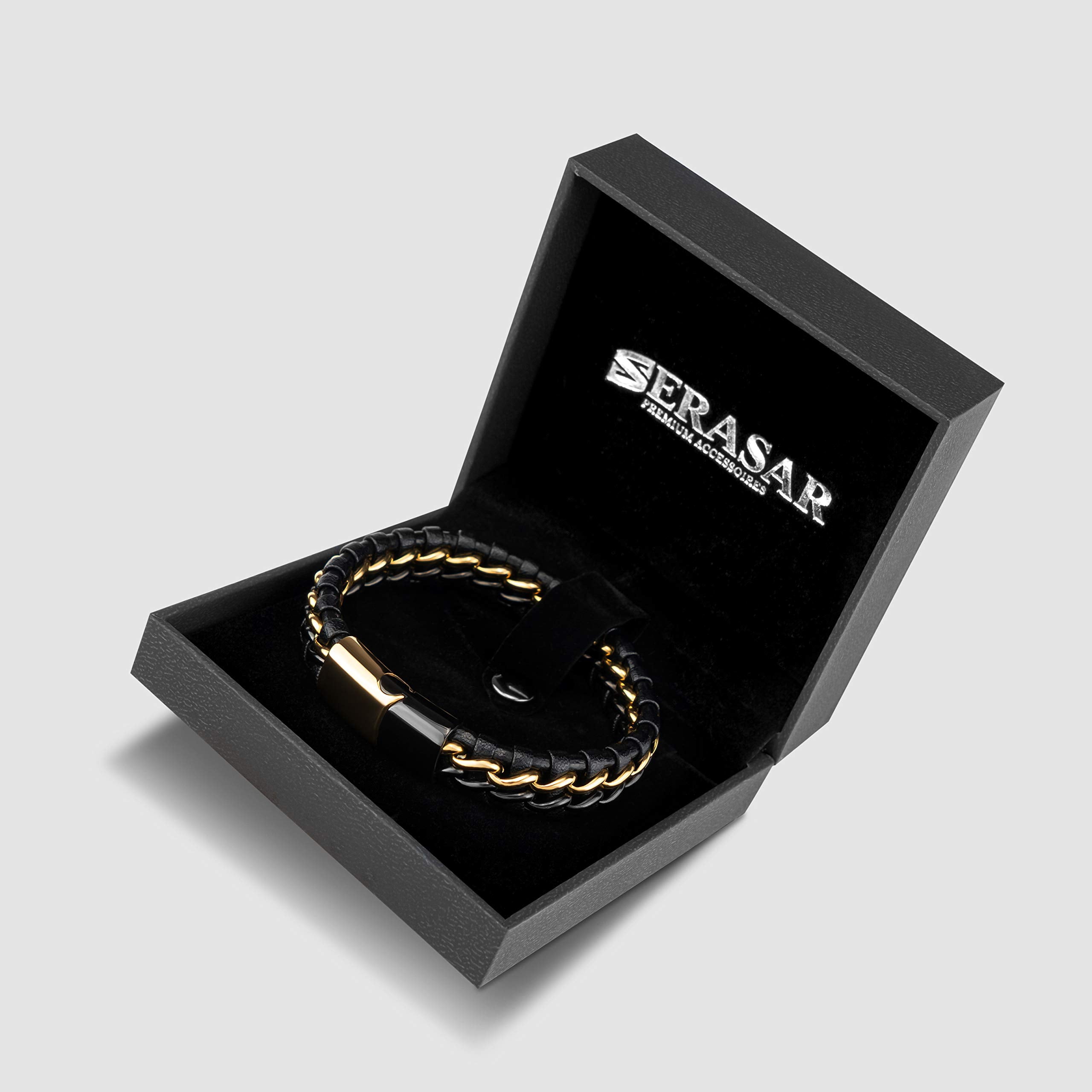 SERASAR Leather Bracelet for Man "Steel" with stainless steel magnetic closure, Gold/Black 20cm, including gift box