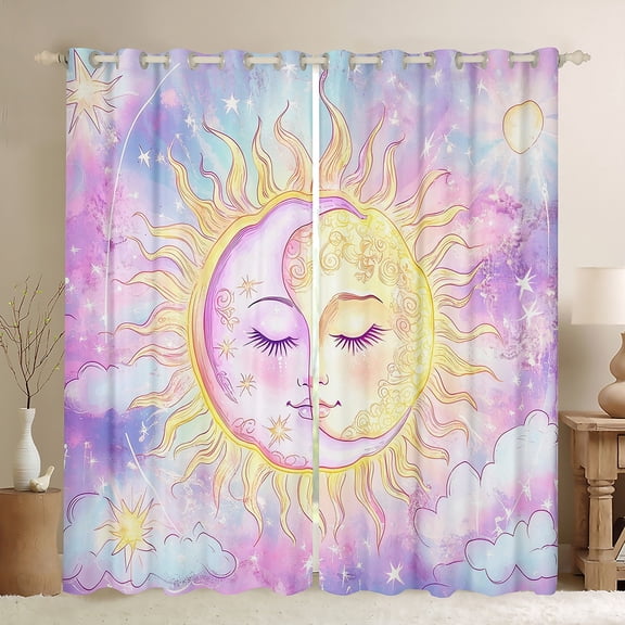 Homewish Bohemian Moon Sun Black Out Curtains for Teens Boys Girls,Purple Golden Curtains Pack of 2 (42x63 Each),Boho Theme Bedroom Curtains,Ultra Soft Home Decor