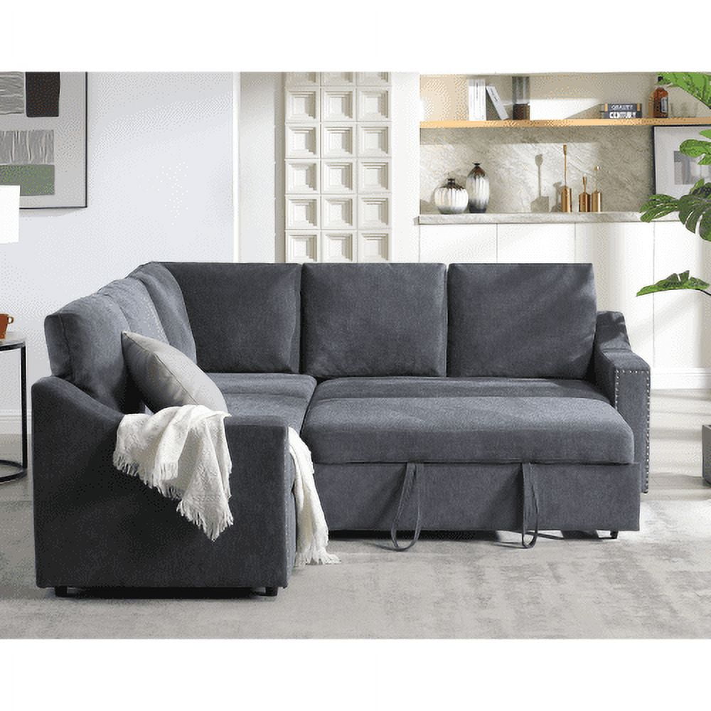 BSHTI L-Shaped Sofa with Pull-Out Sofa Bed,Corner Sofa,Living Room Furniture Set,Sleeper Sofa Bed,Corner Seat for Two with Broaching Sofa,Rivet DeChenille,Gray