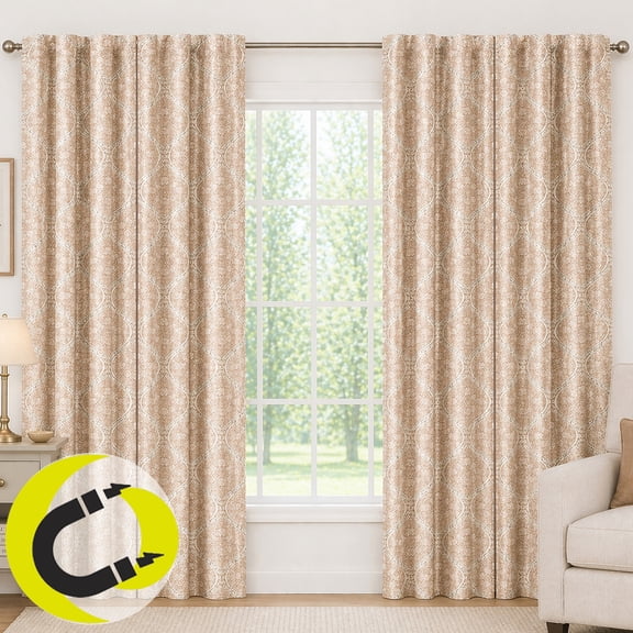 Sun Zero Lucille 2-pack Vintage Ogee Magnetic Closure 100% Blackout Back Tab/Rod Pocket Curtain Panel Pair, 40"W x 84"L, Dusty Terracotta