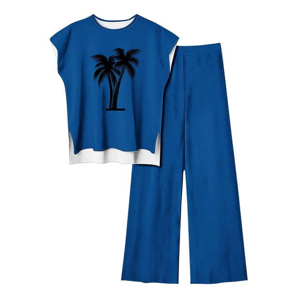 Pantalones Casuales sin Mangas Impresos con Cuello Redondo Conjunto Superior, Pantalones Ligeros Mujeres para Primavera Verano