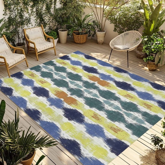 Fsddascl Navy Blue Green Outdoor Rug for Patio/Deck/Porch, Non-Slip Large Area Rug 4 x 6 Ft, Abstract Art Geometric Indoor Outdoor Rugs Washable Area Rugs, Reversible Camping Rug Carpet Runner