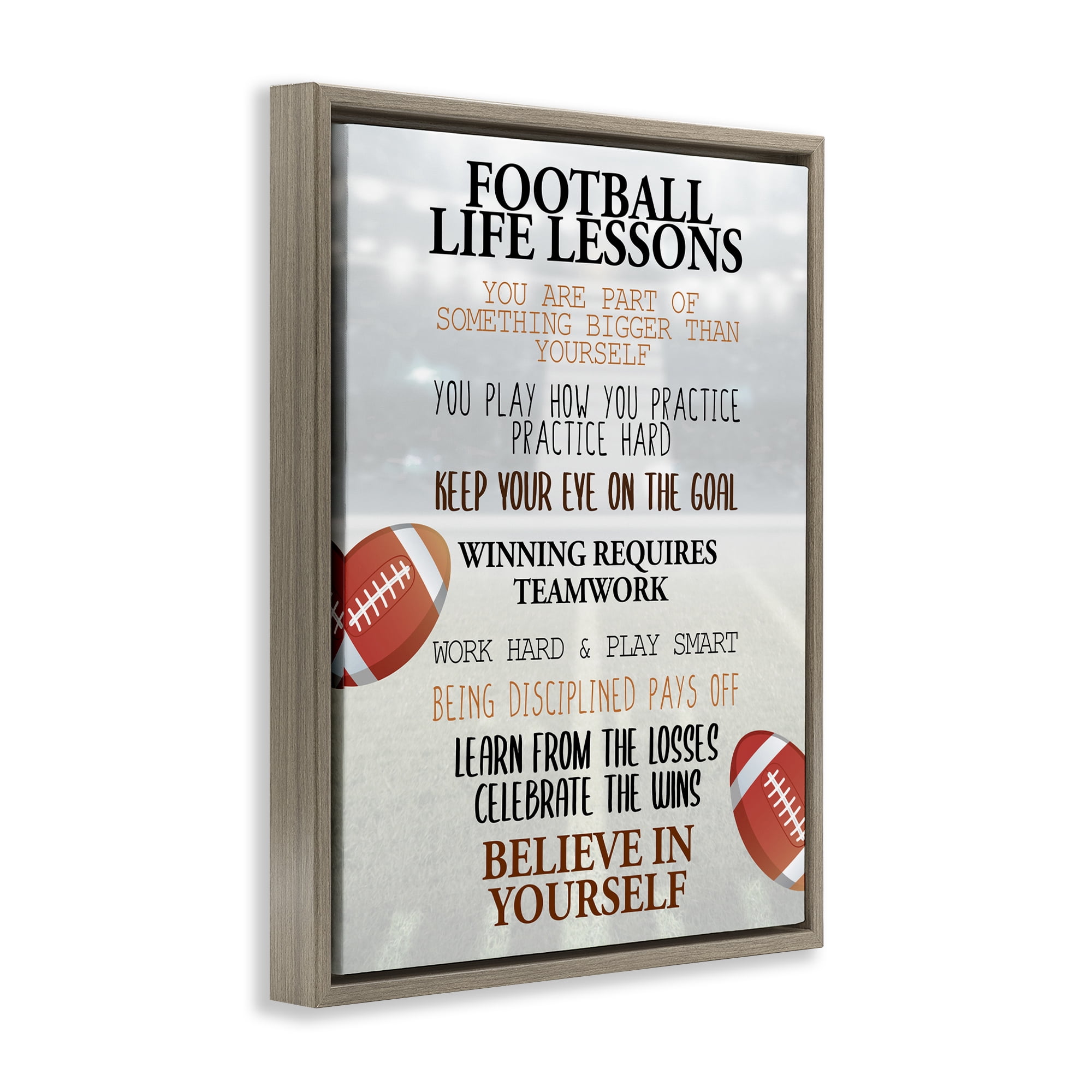 Football Life Lessons Brown Framed Floater Canvas Wall Art, design by Kim Allen
