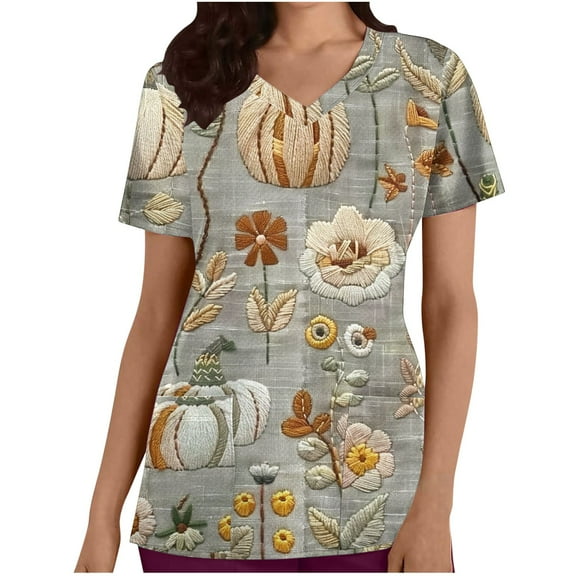 Xfvqtps Thanksgiving Scrub Tops for Women Soft V-Neck Scrubs Comfortable Nursing Uniforms Thanksgiving Turkey Print Short Sleeve Workwear Topa Working Uniforms with Pockets Orange
