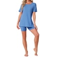 thumbnail image 2 of INSPIRE CHIC Women's Pajama Set Split Short Sleeve Jersey Knit Tops with Fitted Tight Shorts Sleepwear Nightwear Lounge Set S Blue, 2 of 6