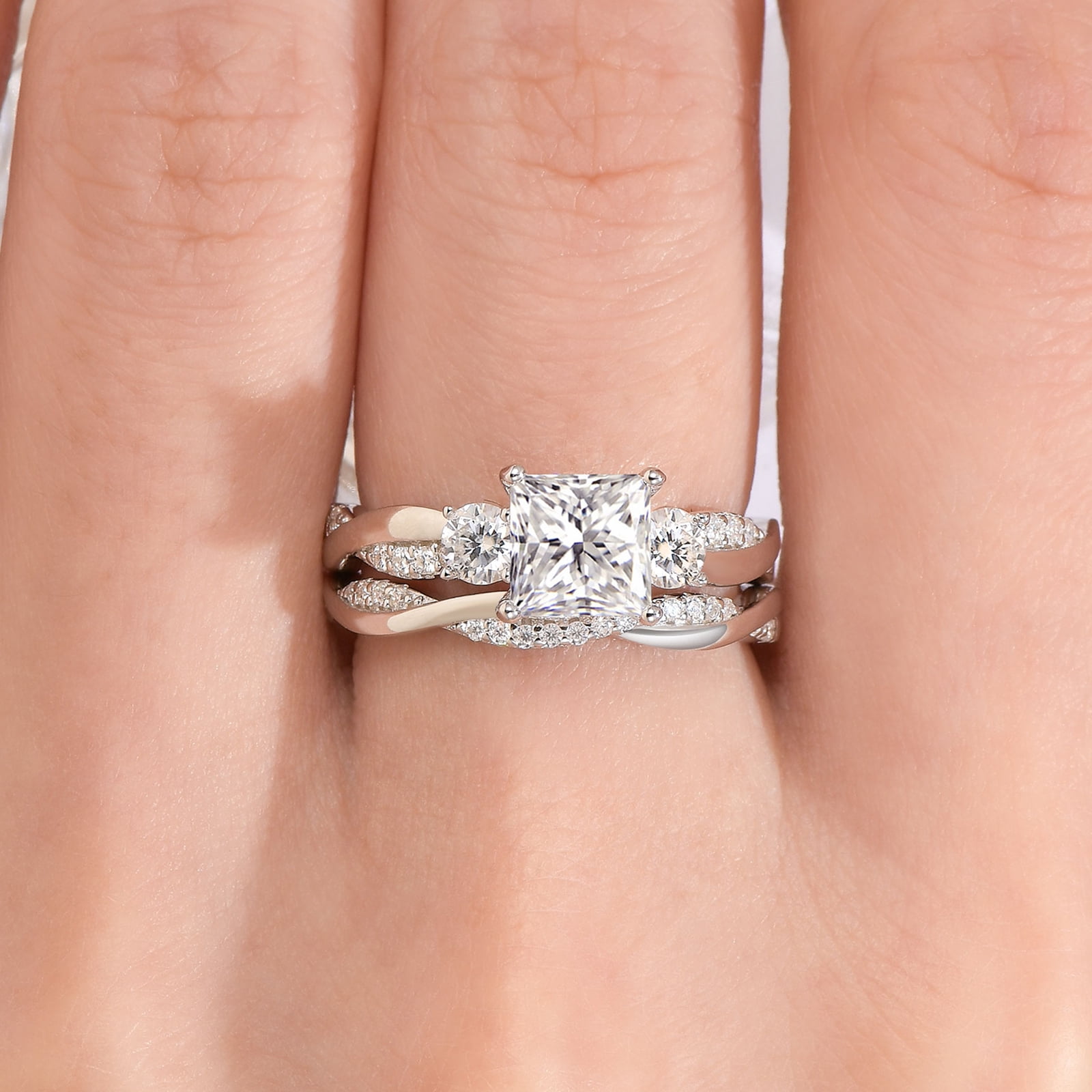 Wuziwen 1.4 Ct Princess Moissanite Wedding Ring Sets Twisted Band 925 Sterling Silver Rings for Women Size 7
