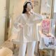thumbnail image 3 of Conjunto de pijama con volantes para mujer, ropa de dormir con pantalones largos de encaje, 2 piezas, cuello en V, estilo coreano sólido, ropa de noche de otoño, 3 of 3