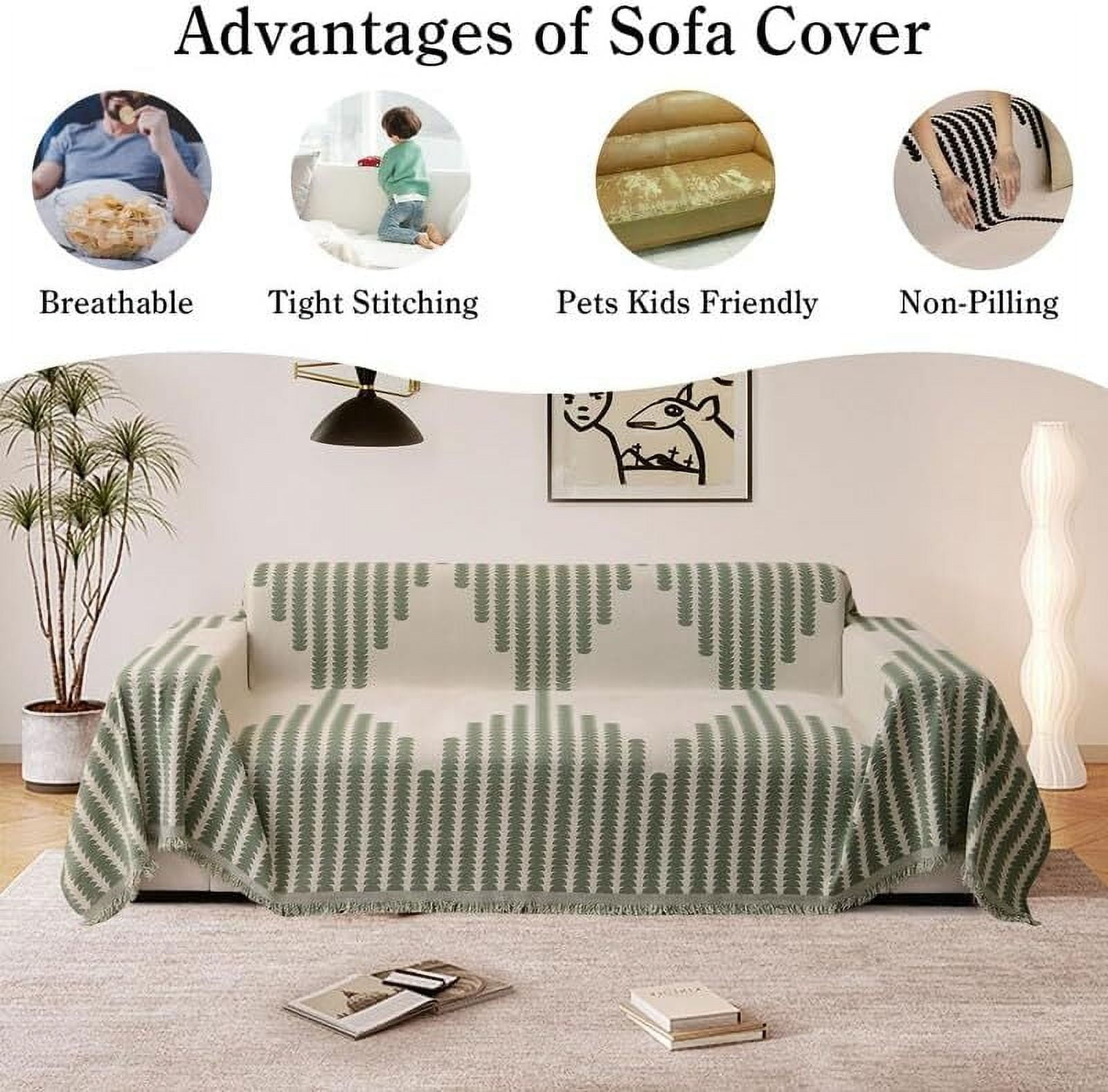 Eurhowing Boho Couch Cover for 2-3 Cushion Couch, Chenille Sofa Cover Blanket with a Pillowcase, Anti-Slip Tassel Sofa Slipcover for Pet, (71'' x 118'', Green)