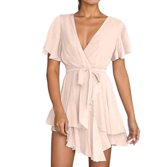 Daznico Women's Wrap Mini Dress V-Neck Flutter Sleeve Tie Waist Tiered Ruffle Hem Casual Summer Dress,S