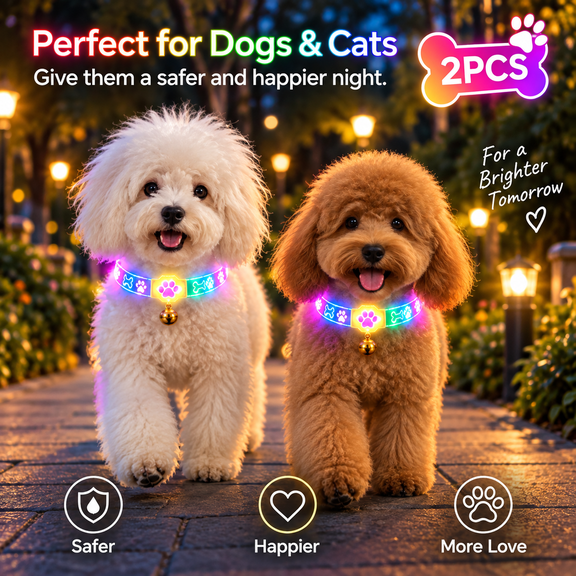 LED Light Up Pet Collar 2 Pack, Paw Print Glowing Collar with Bell, Adjustable Night Visibility Collar for Dogs and Cats