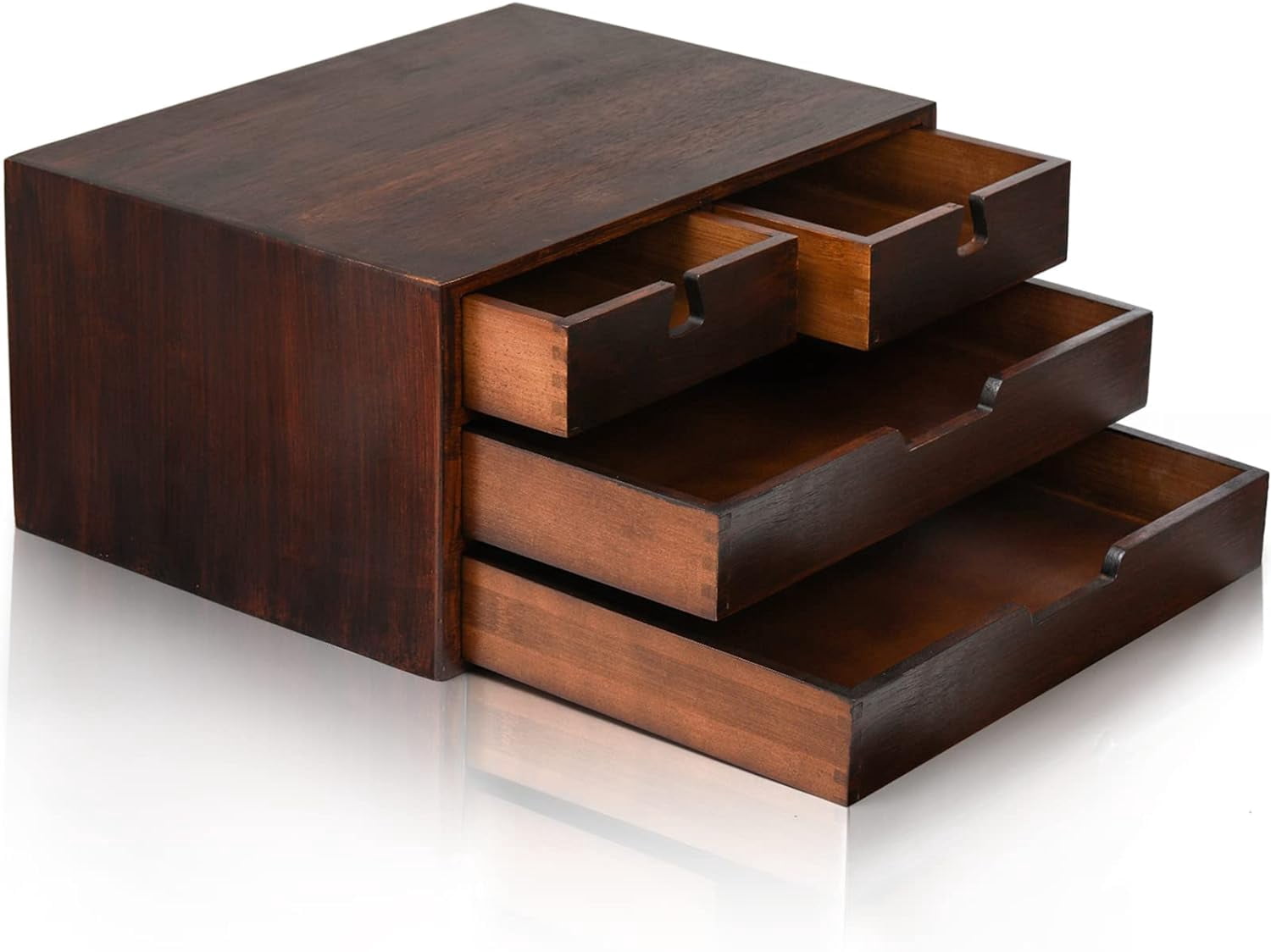 Bamboo Desk Organizer, 100% Natural Bamboo Desktop Drawer Organizer, Dark Brown Tabletop Storage Cabinet Organization Box with 4 Drawer for Makeup, Letter, Home, 3 Layer, Fully Assemble