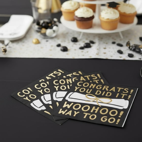 Black/Gold/White Congrats Disposable Paper Napkins, 6.5" x 6.5", 16 Count, Graduation by Way To Celebrate