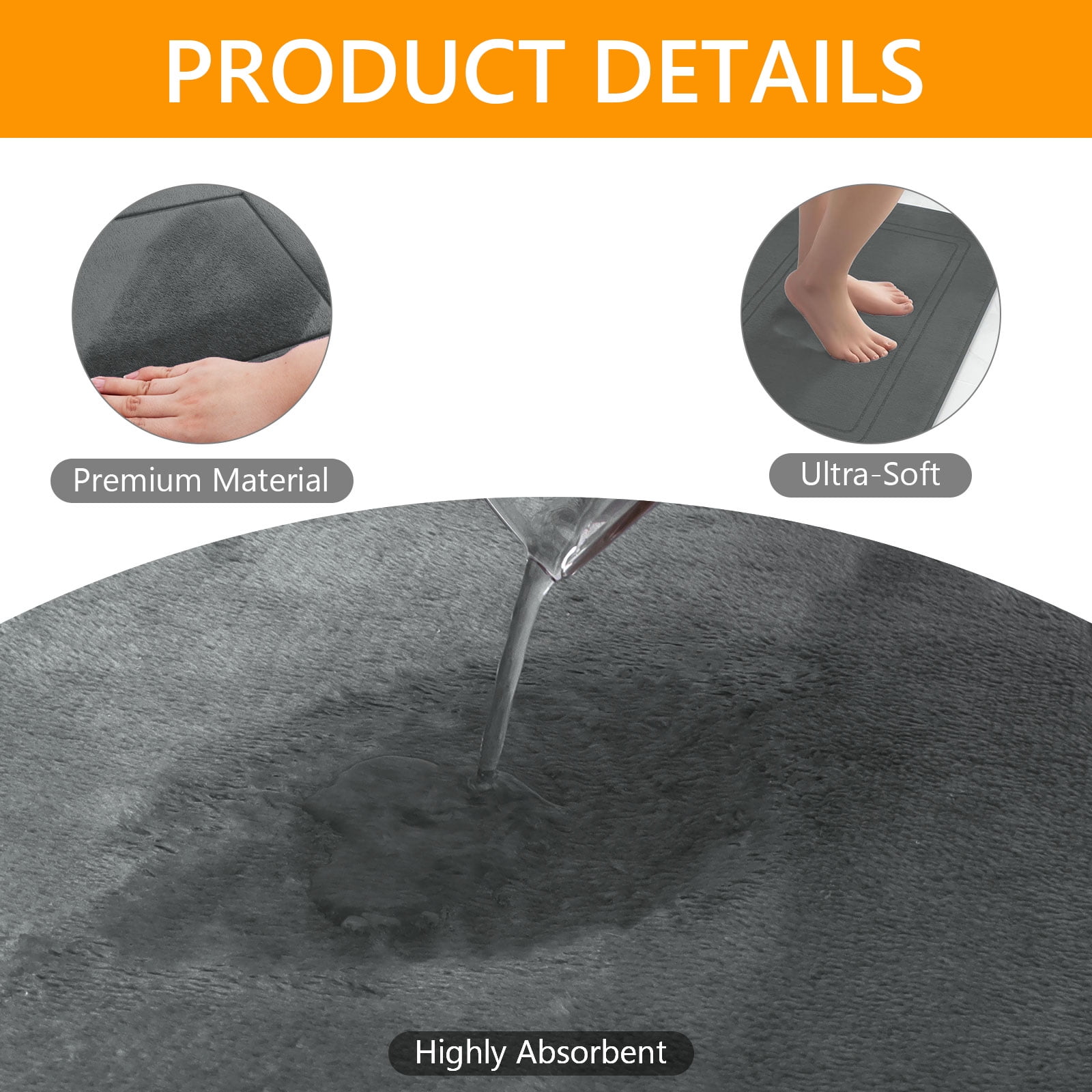 Tripumer 3 Pcs Dark Gray Memory Foam Bath Mat Set Bathroom Rugs Set U Shape Toilet Mats for Toilet Shower Sink
