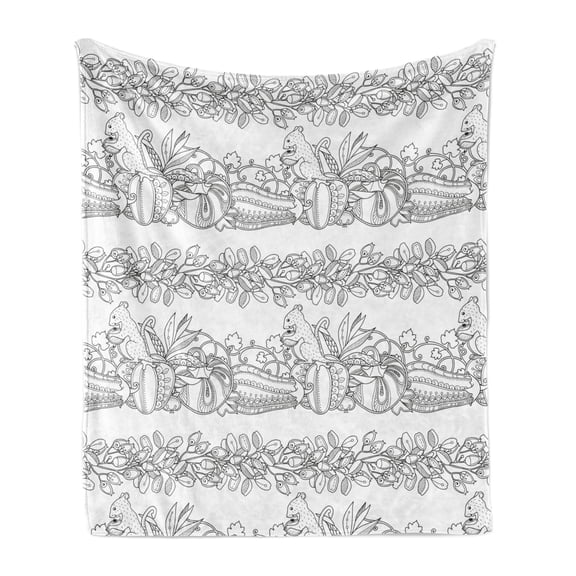 Forest Soft Flannel Fleece Blanket, Squirrels Eating Nuts on Tree Branches of Farm Vegetables Autumn Garden, Cozy Plush for Indoor and Outdoor Use, 50" x 70", Charcoal Grey and White, by Ambesonne