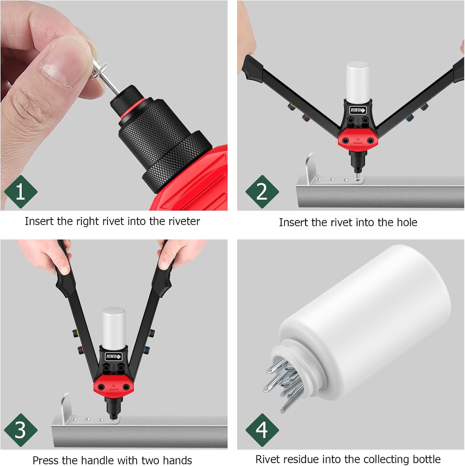 JiGiU 13.3" Heavy Duty Manual Rivet Gun - Professional Pop Rivet Tool with 5 Interchangeable Nozzles (2.4mm/3.2mm/4.0mm/4.8mm/6.4mm) & 200 Rivets for Metal Furniture, Car, Trailer