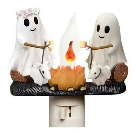 

Funny Ghost Walking His Ghost resin Dog Campfire Flickering Nightlight Faux Campfire Night Light Plug into Wall Spooky Fire Marshmallow Night Light Halloween Room Decorations for Boys Girls