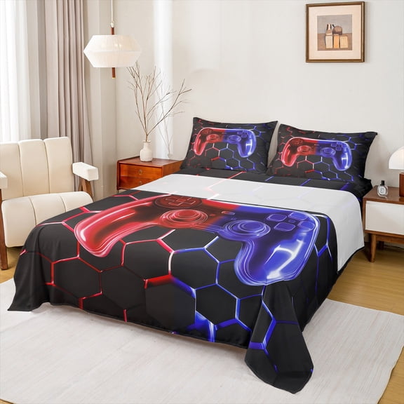 jejeloiu Kids Gamepad Twin Sheet Set,Console Games Red Purple Ombre,Microfiber Decor For Boys,3-Piece