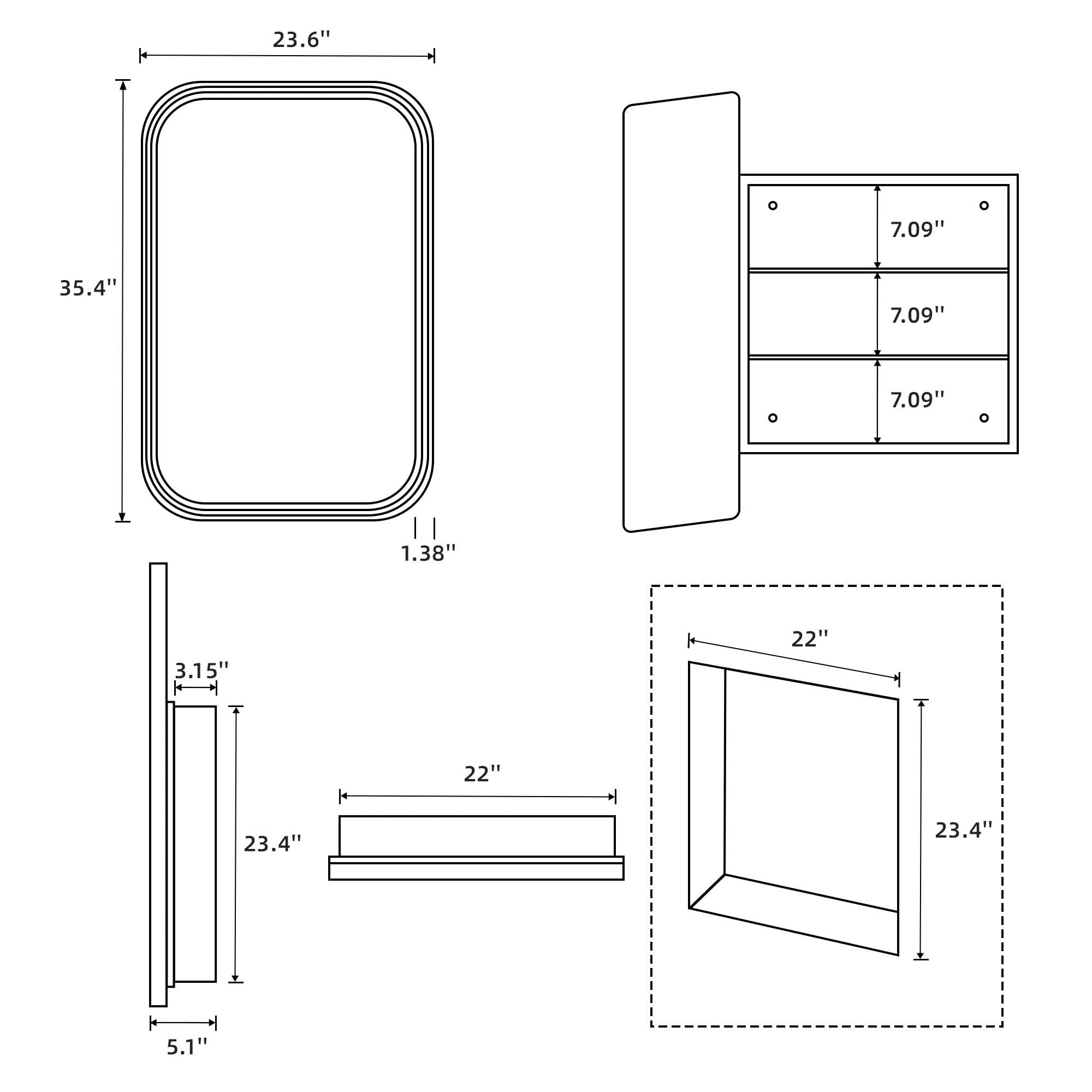 MAYEERTY 35x24x5 Inch Black Metal 3-Ring Round Corner Rectangular Medicine Cabinet for Bathroom