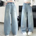 thumbnail image 6 of TOWED22 Girls Baggy Jeans, Ripped Butterfly Patch Denim Pants, Casual Loose Fit Wide - Leg Trousers for Kids,Light Blue,15-16 Y, 6 of 9