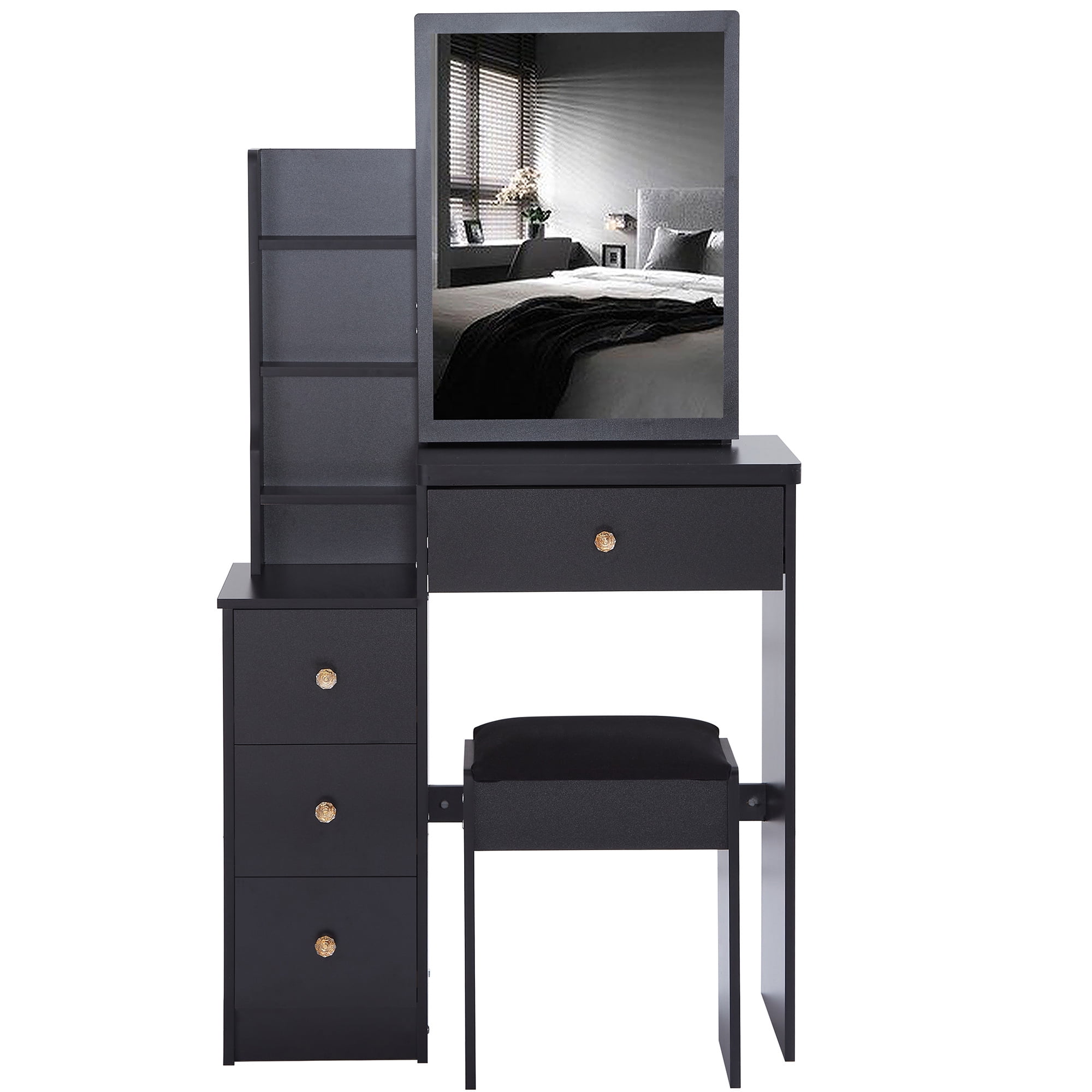 Bedside Cabinet Vanity Table + Cushioned Stool, Extra Large Sliding Mirror, Multi Layer, High Capacity Storage