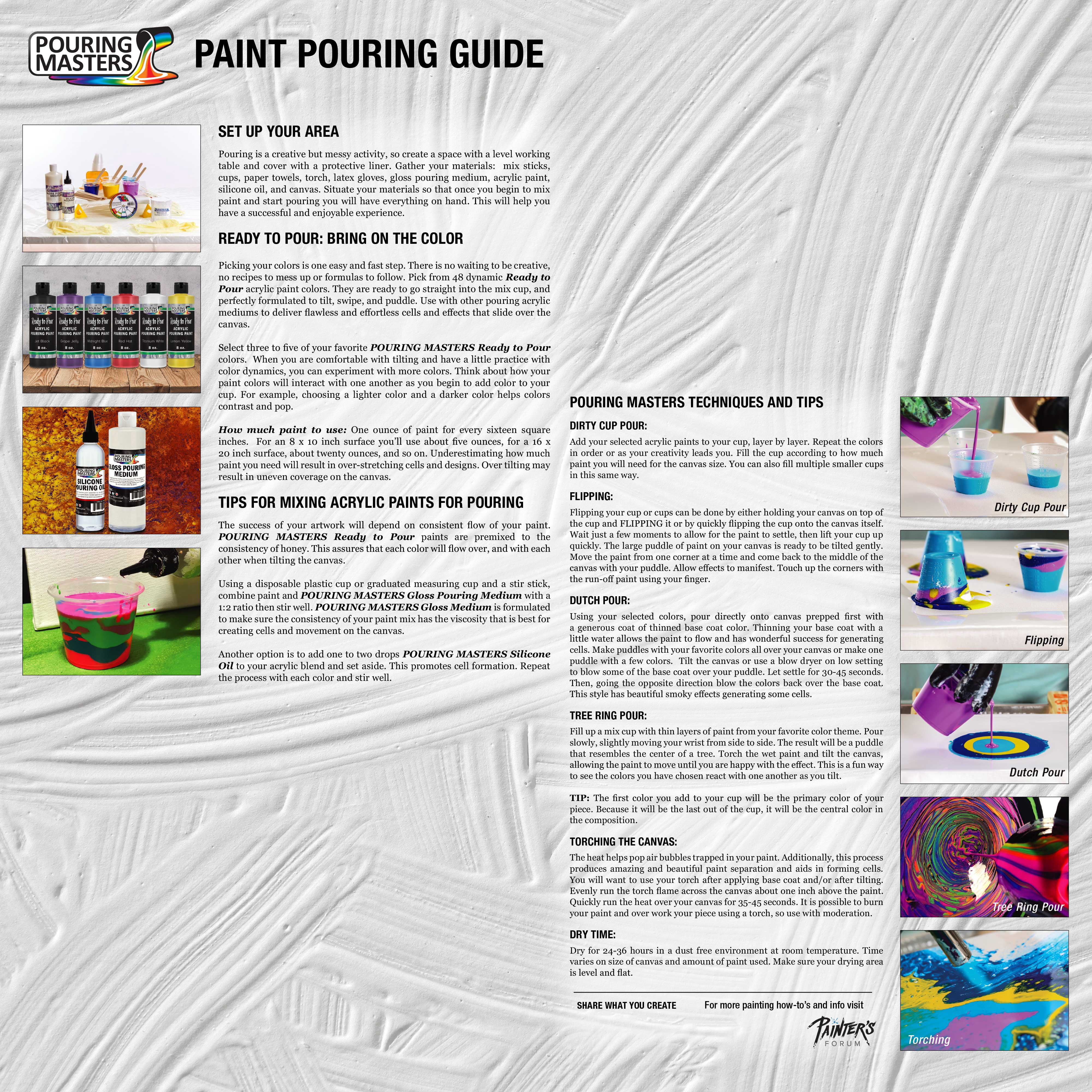 Pouring Masters 16-Color Ready-to-Pour Acrylic Pouring Paint Set, with Silicone Oil & Gloss Medium, 8oz Bottles, Pour Paint Supplies for Canvas & Crafts