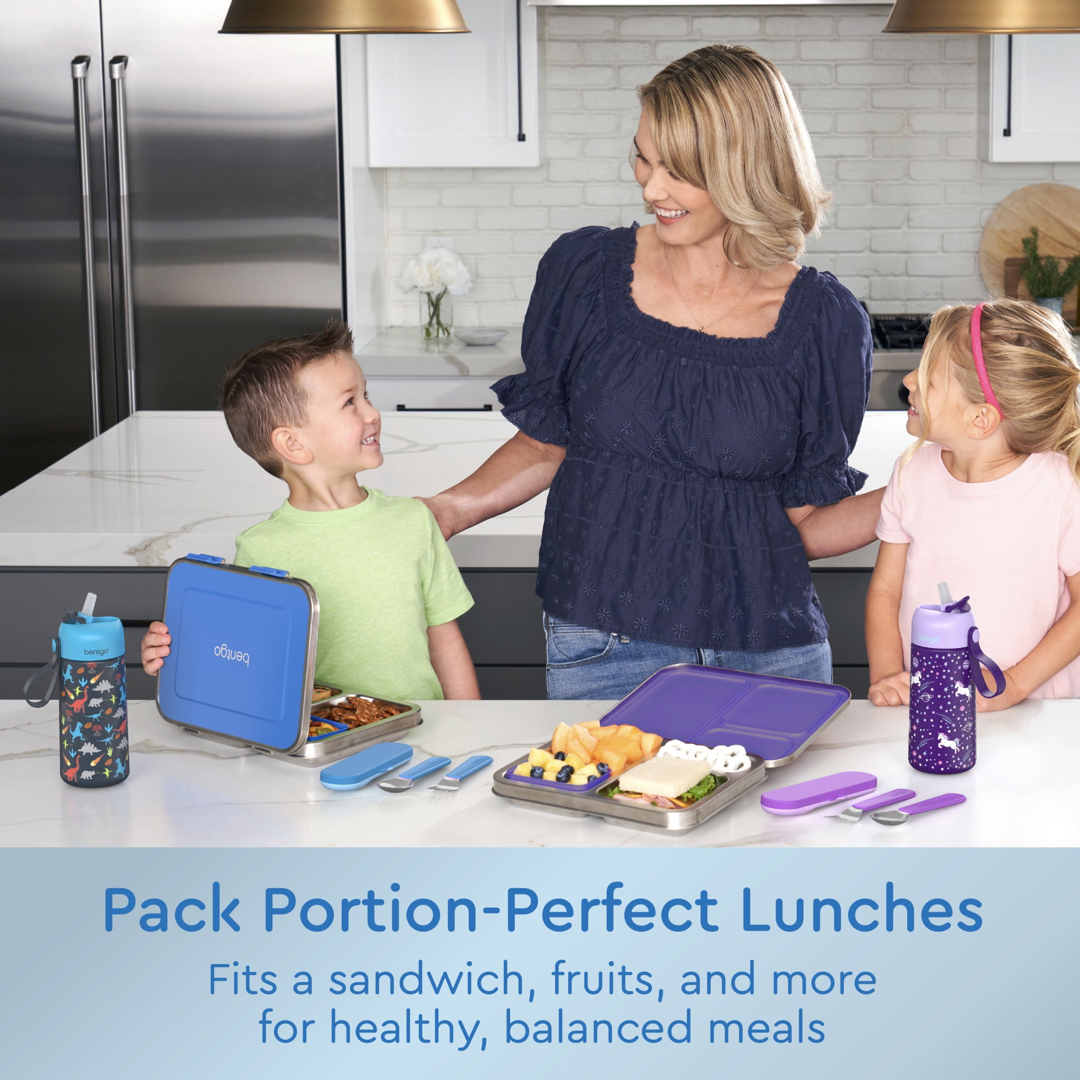 Bentgo Kids Stainless Steel Leak-Resistant Lunch Box - 3-Compartments with Bonus Silicone Container, Durable, Eco-Friendly, Dishwasher Safe, BPA-Free, Ideal for School, Ages 3+ (Blue)