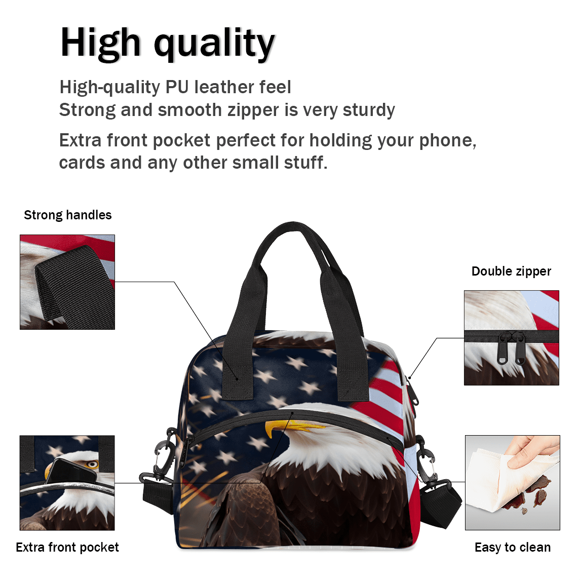 Herdesigns American Flag Eagles Insulated Lunch Bag for Women Men Adults Large Reusable Lunch Box 4th of July Leakproof Cooler Tote Bags with Adjustable Shoulder Strap