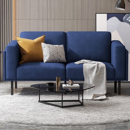 BLAZANT Loveseat Couch with Thickened Full Foam Sofa Armrest, 59 inch 2 Seater Couch, Modern Italian Style Track-Arm Sofa Couch for Living Room, Bedroom, Small Space, Linen Fabric, Metallic Legs,Blue
