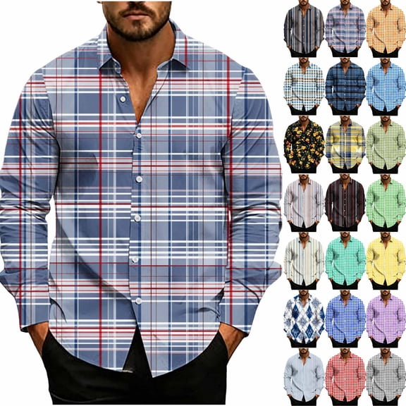 Hvogkswy Button Up Shirt Men Fashion Printed Lapel Long Sleeve Shirts Loose Comfy Casual Shirts S-3XL