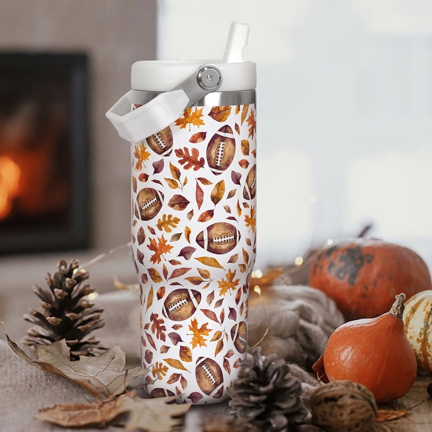 Fall Tumbler with Lid and Straw 30oz,Football Maple Leaves Vacuum Autumn Insulated Leak Proof Tumbler,Farmhouse Gift Cute Women Kids Teen Girls,Fall Accessories Stainless Steel Coffee Cup