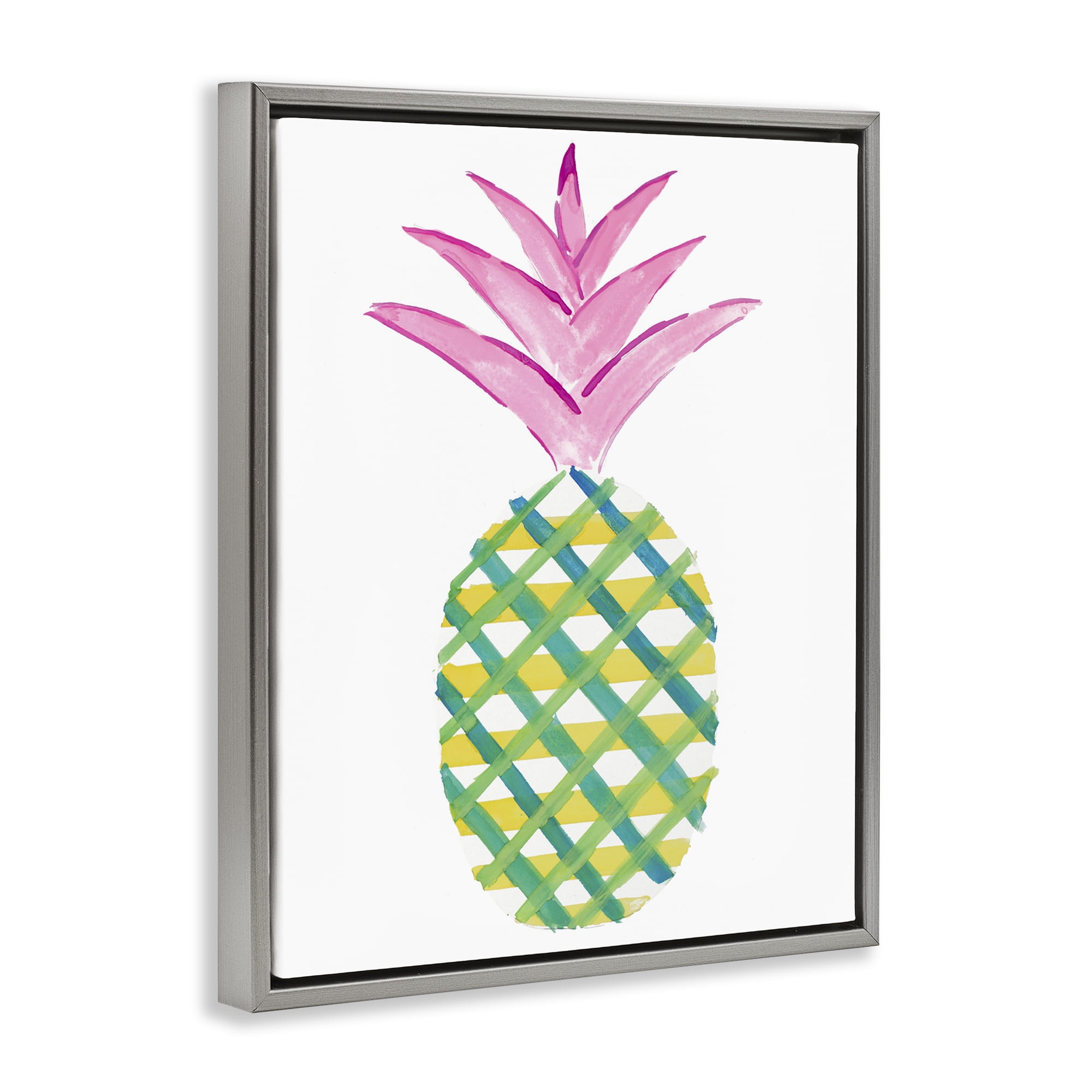 Stupell Industries Tropical Plaid Pineapple Food & Beverage Painting Gray Floater Framed Canvas Art Print Wall Art, 17 x 21