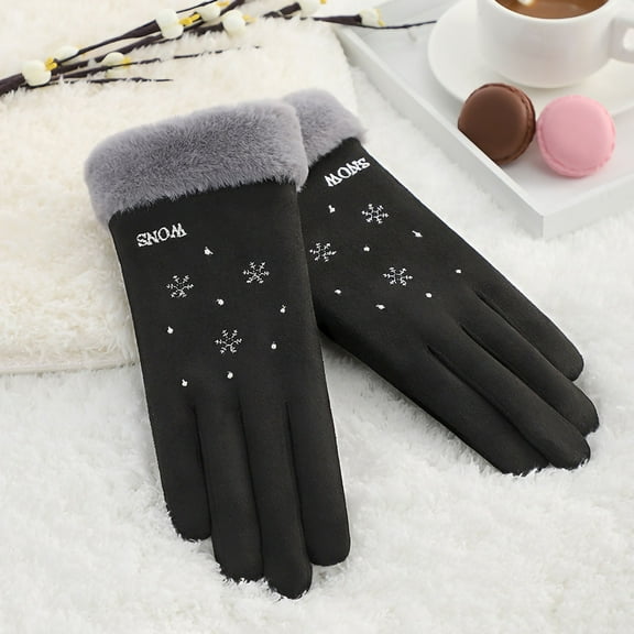 Dyfzdhu Women Winter Warm Plush Thickened Outdoor Cold Proof Suede Screen Cartoon Gloves Black