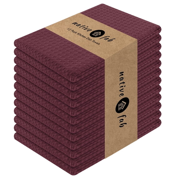 Native Fab 12 Pack Waffle Kitchen Towels - Soft Dish Cloths for Cleaning Drying - Burgundy Wine
