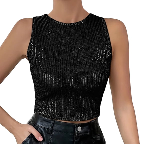 Women's Camisole Tank Tops Solid Sparkly Sequin Crewneck Vest Cute Cami Undershirt