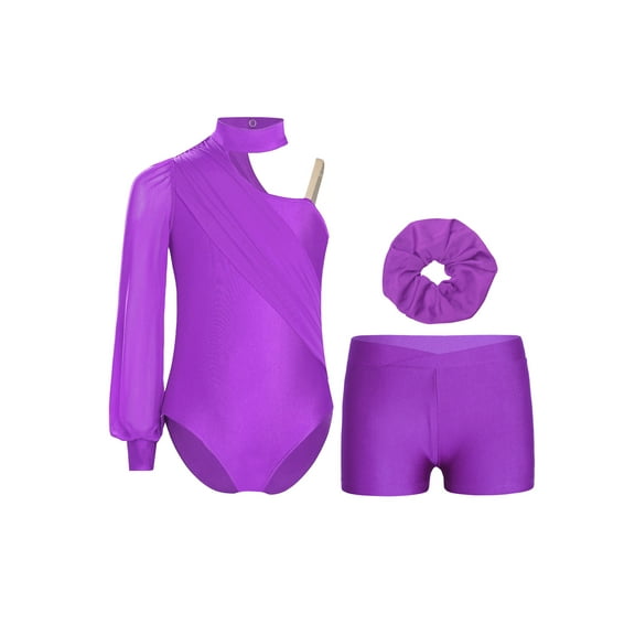 Miutii Gymnastics Dance Outfits for Girls One Shoulder Mesh Ballet Skating Dance Leotard with Shorts Hair Tie Purple 6