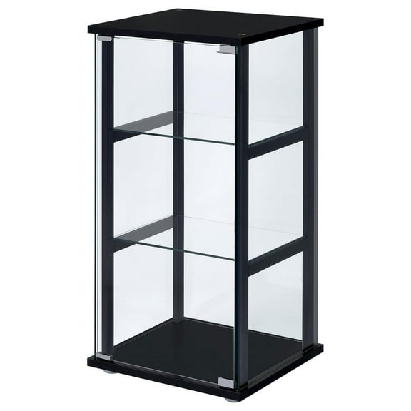 FurniFact Stylish Black Glass Curio Cabinet with Three Shelves for Displaying Treasures