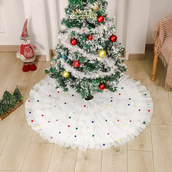 Mecorevxz Christmas Tree Skirt,White Pleated Skirt with Colorful Balls Xmas Tree Skirt Rustic Farmhouse Tree Skirt for Christmas Decor Xmas Home Party Decorations (White,30 inch)