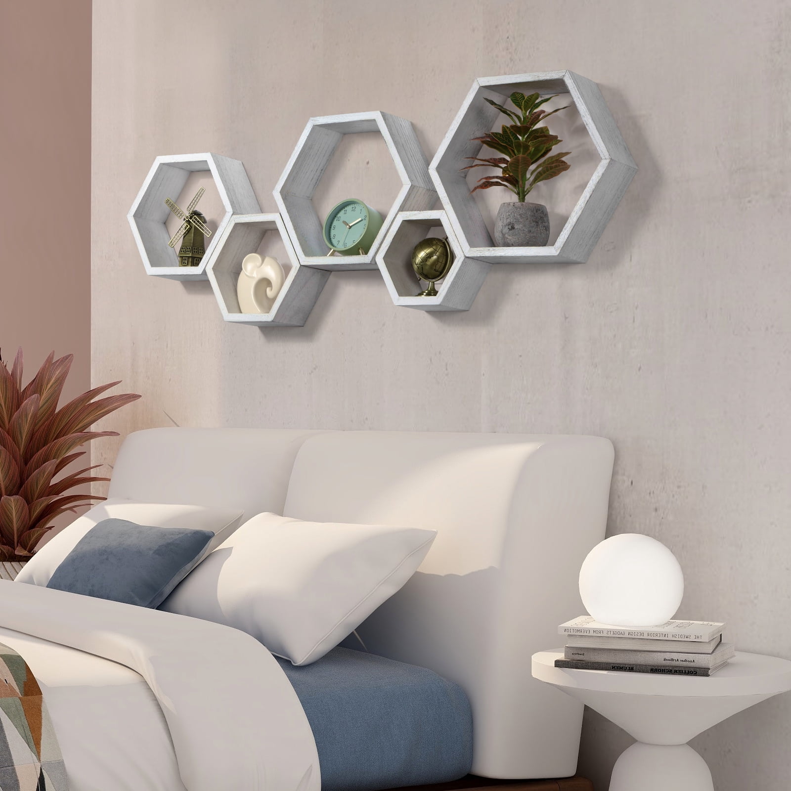 Hexagon Floating Shelves 5 Different Sizes Honeycomb Shelves for Wall, White
