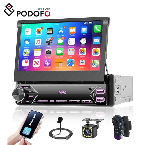 Podofo 7'' Single DIN Car Stereo Radio Flip Out with SWC,/Mirror Link/Backup Cam