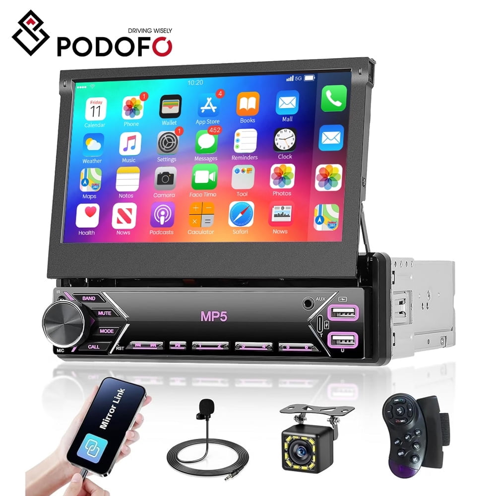Podofo 7'' Single DIN Car Stereo Radio Flip Out with SWC,/Mirror Link/Backup Cam