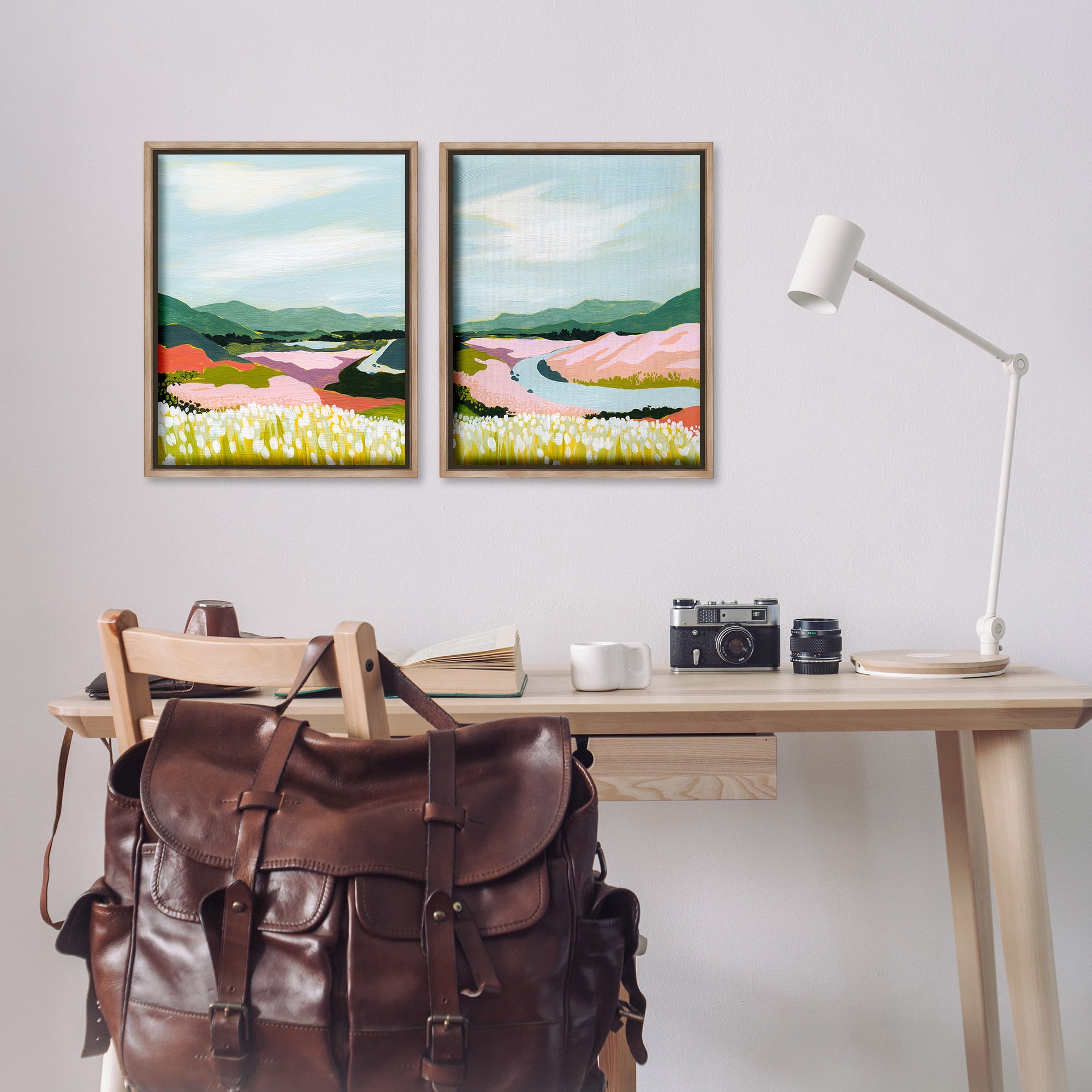 Stupell Industries Mountain Valley Meadow Landscape Painting Brown Floater Framed Canvas Art Print Wall Art, 17 x 21, Set of 2