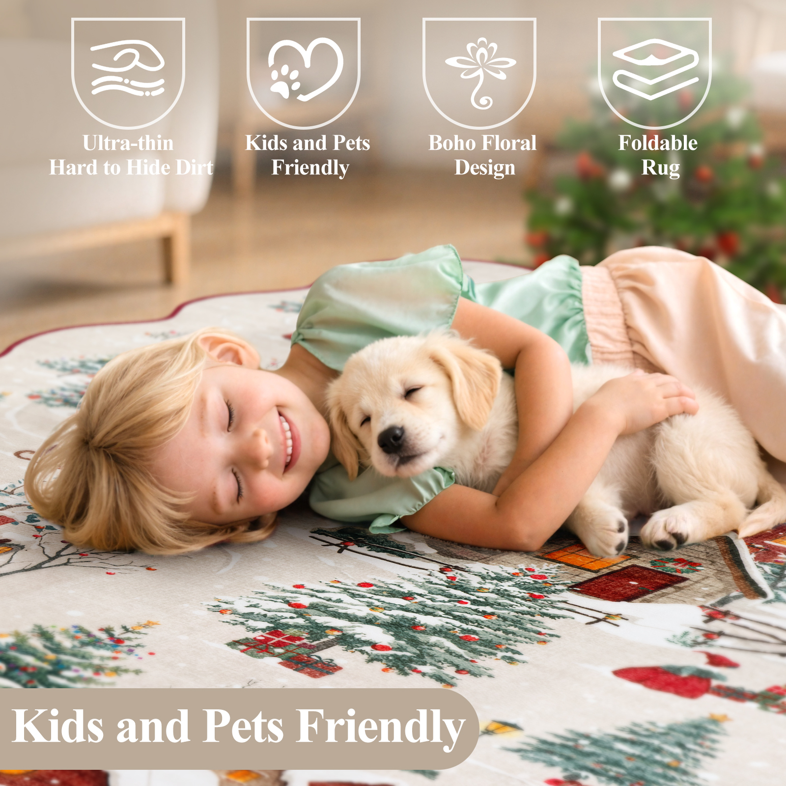 Wonnitar Christmas Runner Rugs, 2x6 Beige Kitchen Rug Washable Non Slip, Soft Ultra-Thin Christmas Tree Santa Claus Holiday Decor Runner Carpet for Hallway Bathroom Bedside