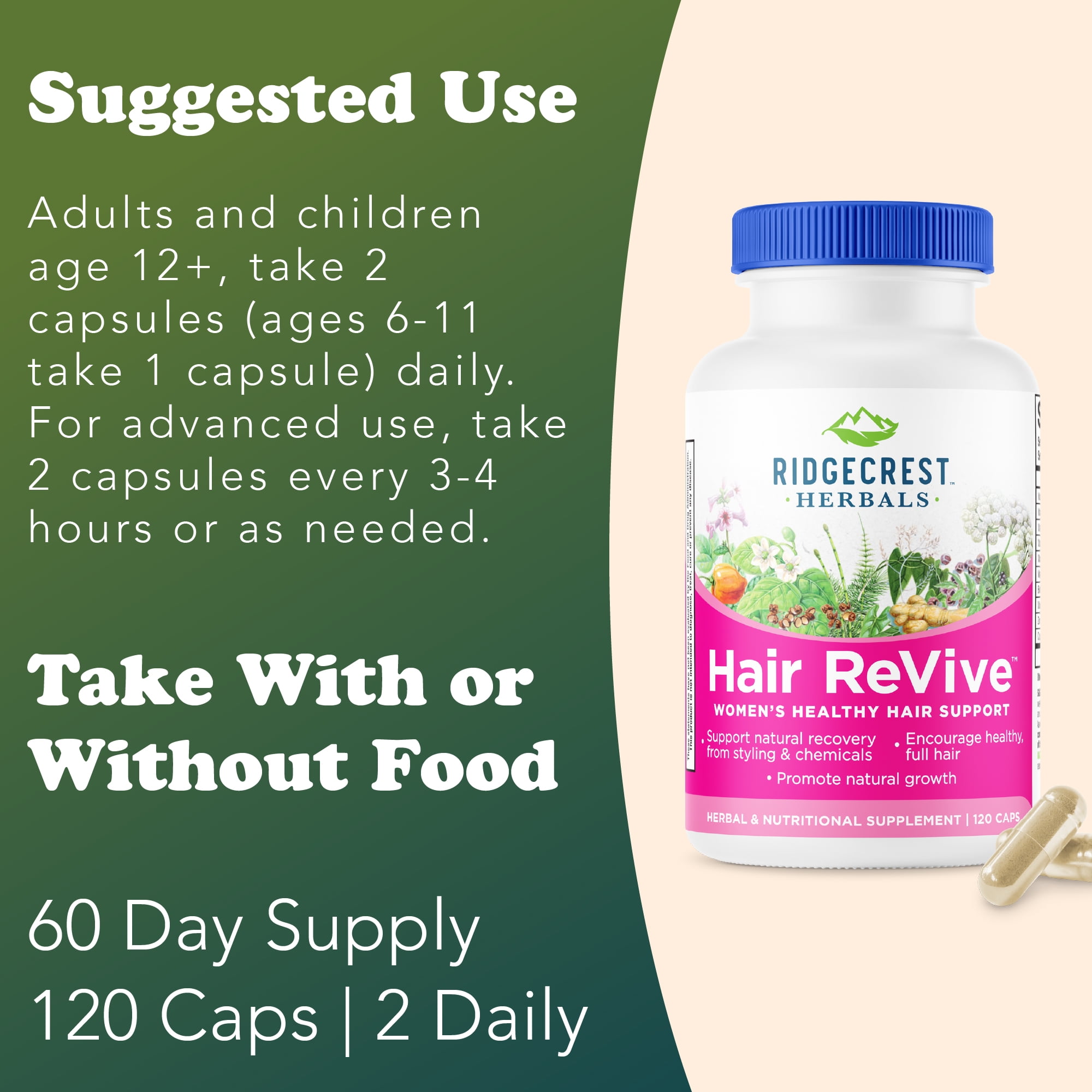 RidgeCrest Herbals Hair ReVive, Nutritional Hair Supplement with Vitamin C, Biotin, Zinc, and Copper, Hair Vitamins for Women to Support Healthy Hair, Skin, and Nails (120 Caps, 30 Serv)