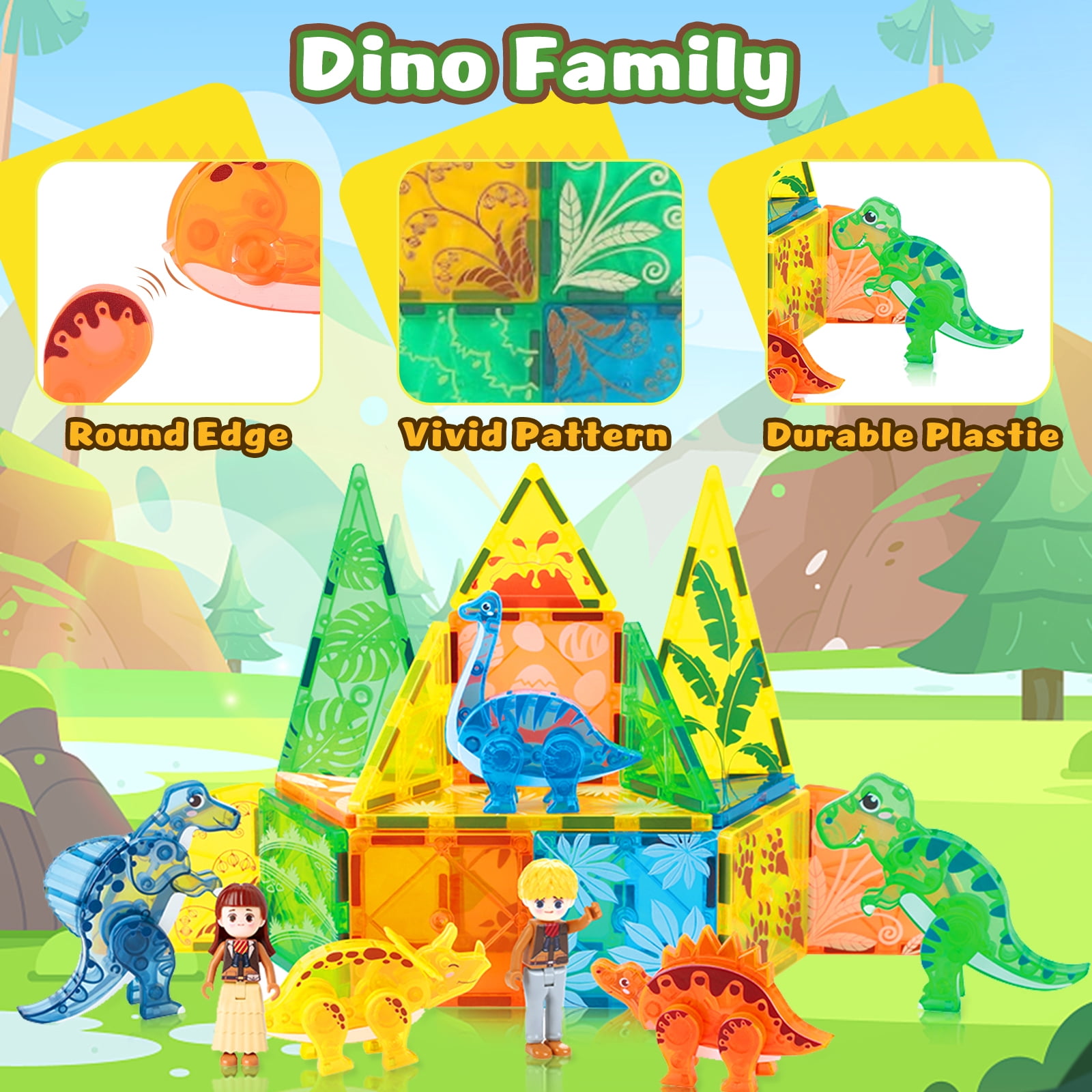 FunMagic Magnetic Tiles Dinosaur Toys 3D Movable Dino Blocks for Kids Toddler Outdoor Sensory Toys, Educational Building Blocks for Boys Girls