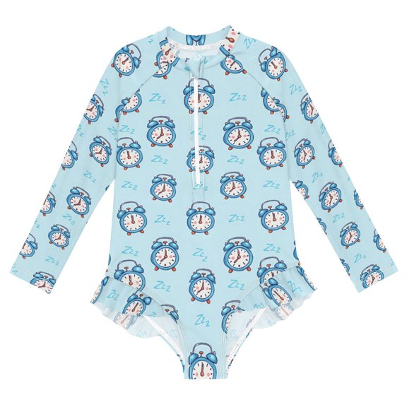 Blue Background Alarm Clock One-Piece Swimsuit Long Sleeve UV Sun Protection UPF50 Rashguard Front Zip Quick-Dry Swimwear for 3-12 Years