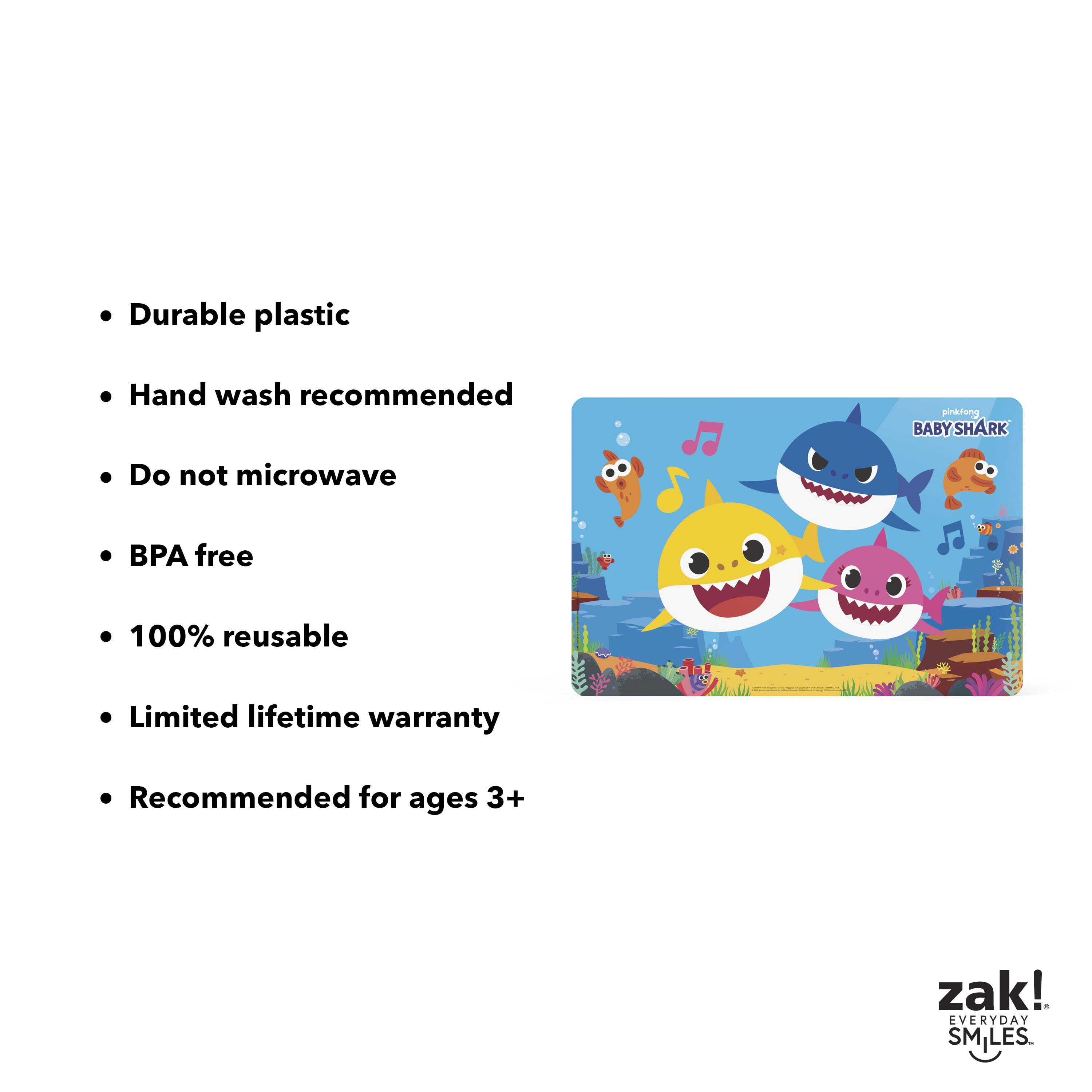 Zak Designs Pinkfong Reusable BPA Free Kids Plastic Placemat, Baby Shark