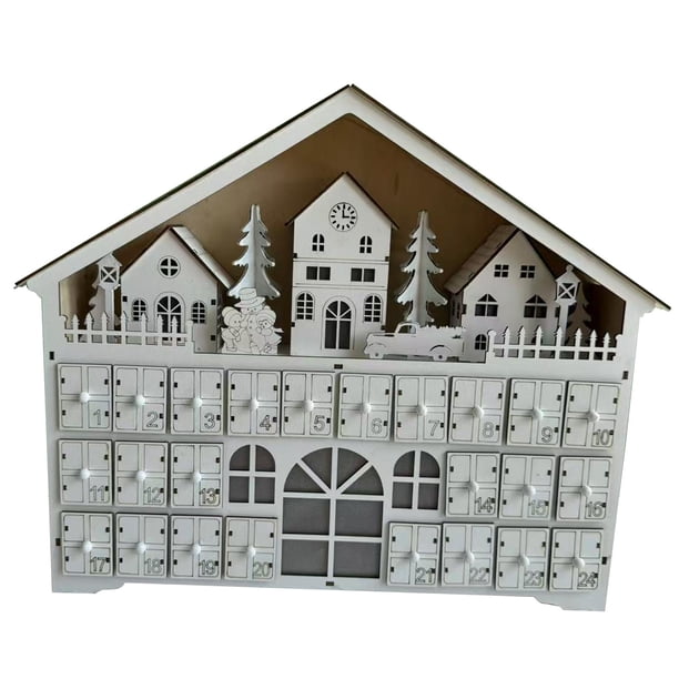 Calendario de Adviento de Navidad Decoración navideña Luces LED Adorno de madera con cajones Calendario 2024 para fiesta Oficina Escritorio