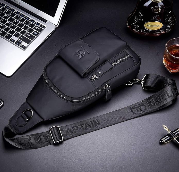 BULLCAPTAIN Genuine Leather Sling Bag for Men, Crossbody Chest Backpack with Adjustable Strap, Zipper Closure. , Black