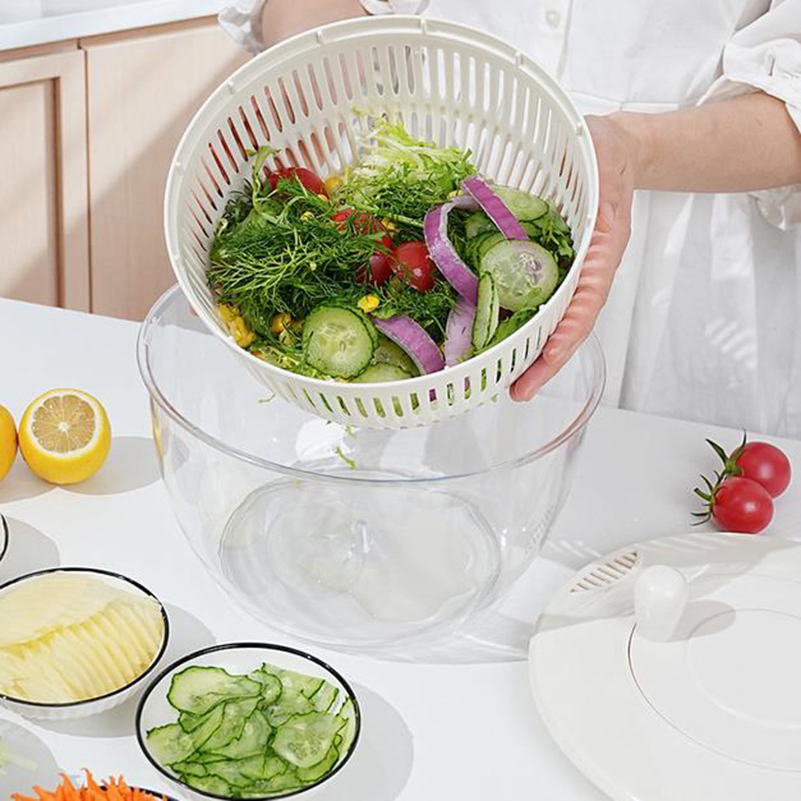 Vegetable Chopper Multifunctional Kitchen Slicer Manual Spinner Salad Shredder Food Processor Strainer Bowl with Multiple Blades Safety Guard Efficient Meal Prep Tool for Fruits Vegetables